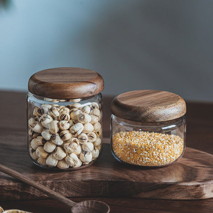 WHAMVOX Small Glass Jar with Airtight Wooden Lid, Food Storage Canister for Cereal, Snacks, Coffee, Kitchen Organization.