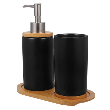 HOOWIFFY 1 Set Black Ceramic Bamboo Bathroom Essentials Toothbrush Holder Soap Dispenser Storage.
