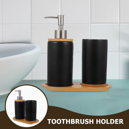 HOOWIFFY 1 Set Black Ceramic Bamboo Bathroom Essentials Toothbrush Holder Soap Dispenser Storage.