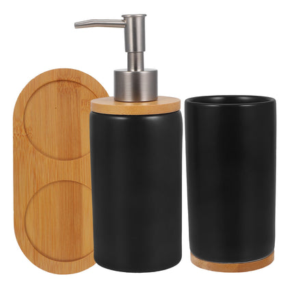 HOOWIFFY 1 Set Black Ceramic Bamboo Bathroom Essentials Toothbrush Holder Soap Dispenser Storage.