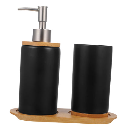 HOOWIFFY 1 Set Black Ceramic Bamboo Bathroom Essentials Toothbrush Holder Soap Dispenser Storage.