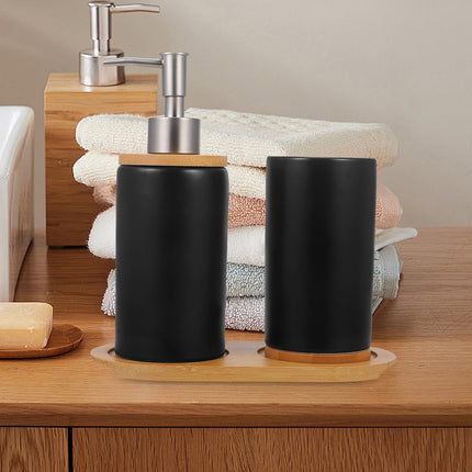 HOOWIFFY 1 Set Black Ceramic Bamboo Bathroom Essentials Toothbrush Holder Soap Dispenser Storage.
