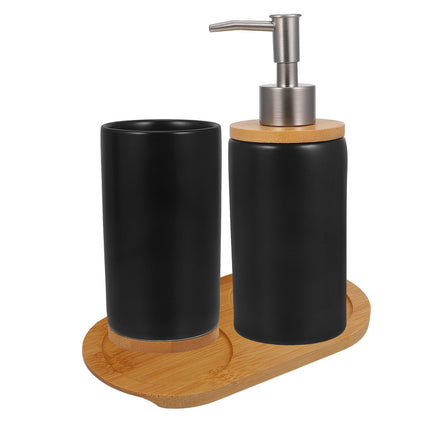 HOOWIFFY 1 Set Black Ceramic Bamboo Bathroom Essentials Toothbrush Holder Soap Dispenser Storage.