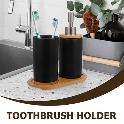 HOOWIFFY 1 Set Black Ceramic Bamboo Bathroom Essentials Toothbrush Holder Soap Dispenser Storage.