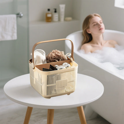 Kdkad Shower Caddy with Dry Wet Separation - Portable PP Plastic Bath Tote for College Dorms, Large Bathroom Organizer Basket with Drain Holes & Rust-Free Hooks 9.4×6.7 in Gray.