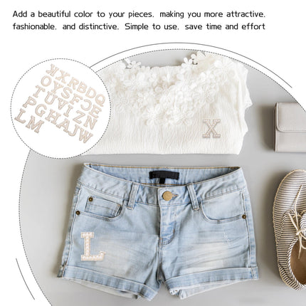 HOOWIFFY White Letter Iron-On Patches with Embellishments for Clothing Decoration, 26 Pieces Polyester Set.