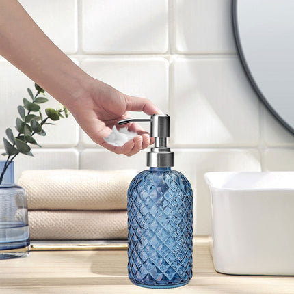 Darzheoy Glass Soap Dispenser 15 Oz for Bathroom Kitchen, Hand Soap/Lotion Dispenser with Plastic Pump Blue.