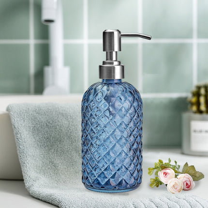 Darzheoy Glass Soap Dispenser 15 Oz for Bathroom Kitchen, Hand Soap/Lotion Dispenser with Plastic Pump Blue.