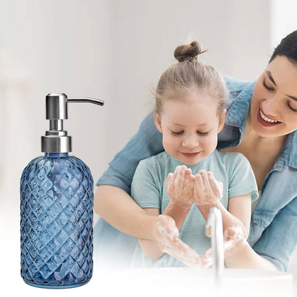 Darzheoy Glass Soap Dispenser 15 Oz for Bathroom Kitchen, Hand Soap/Lotion Dispenser with Plastic Pump Blue.