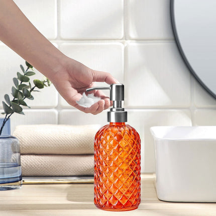Darzheoy Glass Soap Dispenser 15 Oz for Bathroom Kitchen, Hand Soap/Lotion Dispenser with Plastic Pump Orange.