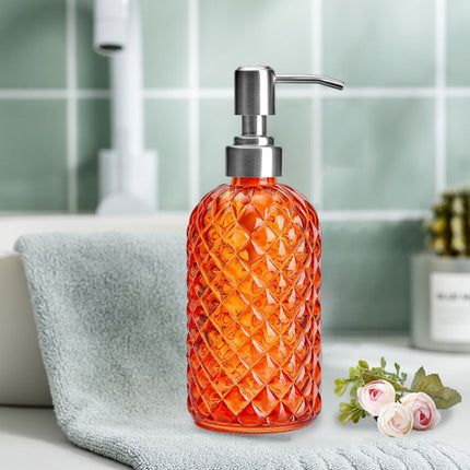 Darzheoy Glass Soap Dispenser 15 Oz for Bathroom Kitchen, Hand Soap/Lotion Dispenser with Plastic Pump Orange.