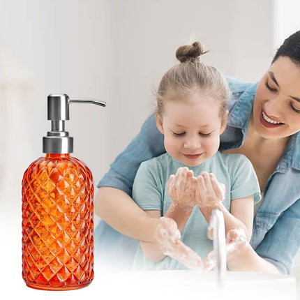 Darzheoy Glass Soap Dispenser 15 Oz for Bathroom Kitchen, Hand Soap/Lotion Dispenser with Plastic Pump Orange.