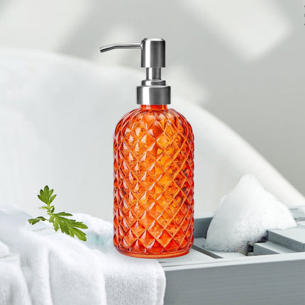 Darzheoy Glass Soap Dispenser 15 Oz for Bathroom Kitchen, Hand Soap/Lotion Dispenser with Plastic Pump Orange.