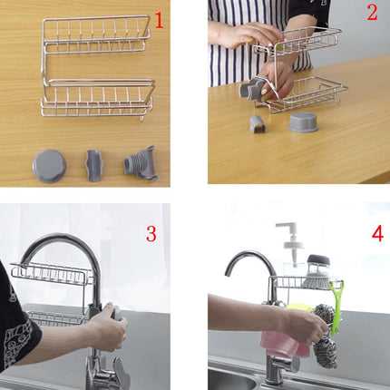 HOOWIFFY Silver Stainless Steel Faucet Storage Rack Adjustable Sponge Holder for Draining Kitchen Sink 7.5x3.5x4.7 Inches.
