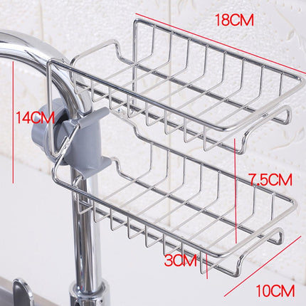 HOOWIFFY Silver Stainless Steel Faucet Storage Rack Adjustable Sponge Holder for Draining Kitchen Sink 7.5x3.5x4.7 Inches.