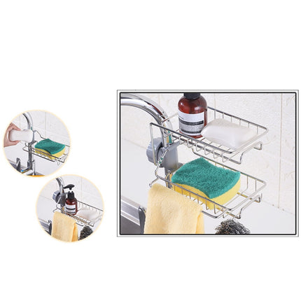 HOOWIFFY Silver Stainless Steel Faucet Storage Rack Adjustable Sponge Holder for Draining Kitchen Sink 7.5x3.5x4.7 Inches.