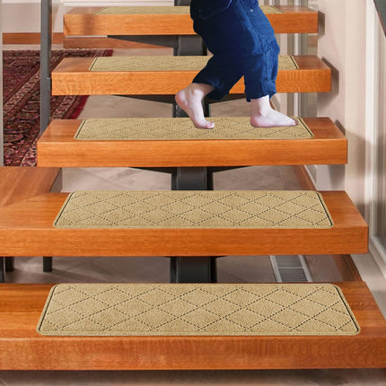 Chmadoxn 4-Piece Non-Slip Stair Treads, Self-Adhesive Striped Carpet Mats, Absorbent & Quiet Step Pads, Can Be Cut to Fit, Washable for Indoor Staircase Safety\u200b\u200b Beige.
