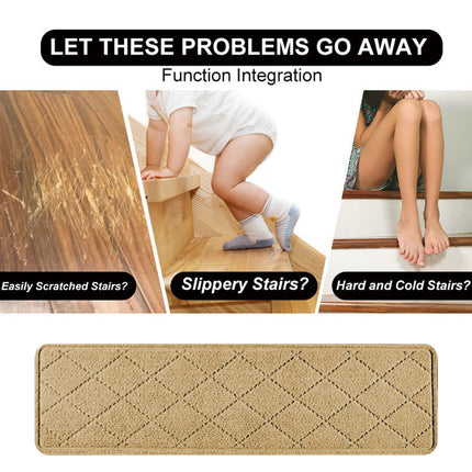 Chmadoxn 4-Piece Non-Slip Stair Treads, Self-Adhesive Striped Carpet Mats, Absorbent & Quiet Step Pads, Can Be Cut to Fit, Washable for Indoor Staircase Safety\u200b\u200b Beige.