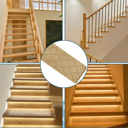 Chmadoxn 4-Piece Non-Slip Stair Treads, Self-Adhesive Striped Carpet Mats, Absorbent & Quiet Step Pads, Can Be Cut to Fit, Washable for Indoor Staircase Safety\u200b\u200b Beige.