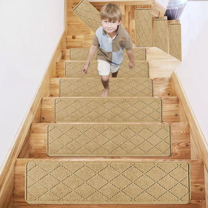 Chmadoxn 4-Piece Non-Slip Stair Treads, Self-Adhesive Striped Carpet Mats, Absorbent & Quiet Step Pads, Can Be Cut to Fit, Washable for Indoor Staircase Safety\u200b\u200b Beige.