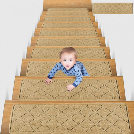 Chmadoxn 4-Piece Non-Slip Stair Treads, Self-Adhesive Striped Carpet Mats, Absorbent & Quiet Step Pads, Can Be Cut to Fit, Washable for Indoor Staircase Safety\u200b\u200b Beige.