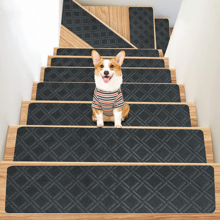 Chmadoxn 4-Piece Non-Slip Stair Treads, Self-Adhesive Striped Carpet Mats, Absorbent & Quiet Step Pads, Can Be Cut to Fit, Washable for Indoor Staircase Safety\u200b\u200b Gray 3.