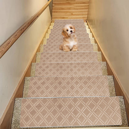 Chmadoxn 4-Piece Non-Slip Stair Treads, Self-Adhesive Striped Carpet Mats, Absorbent & Quiet Step Pads, Can Be Cut to Fit, Washable for Indoor Staircase Safety\u200b\u200b Khaki.