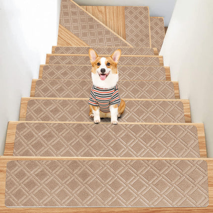 Chmadoxn 4-Piece Non-Slip Stair Treads, Self-Adhesive Striped Carpet Mats, Absorbent & Quiet Step Pads, Can Be Cut to Fit, Washable for Indoor Staircase Safety\u200b\u200b Khaki.