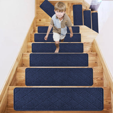Chmadoxn 4-Piece Non-Slip Stair Treads, Self-Adhesive Striped Carpet Mats, Absorbent & Quiet Step Pads, Can Be Cut to Fit, Washable for Indoor Staircase Safety\u200b\u200b Navy.