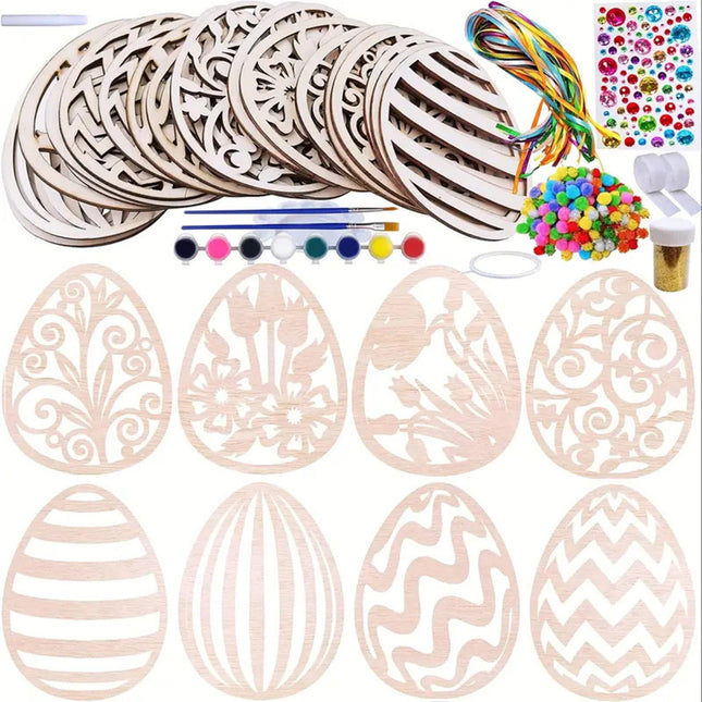 Darzheoy 20 Sets Wooden Easter Ornaments Decorations DIY Easter Craft Kits Assorted Paintable Unfinished Wood Easter Egg Ornaments for Kids Classroom Home Activity Art Color.