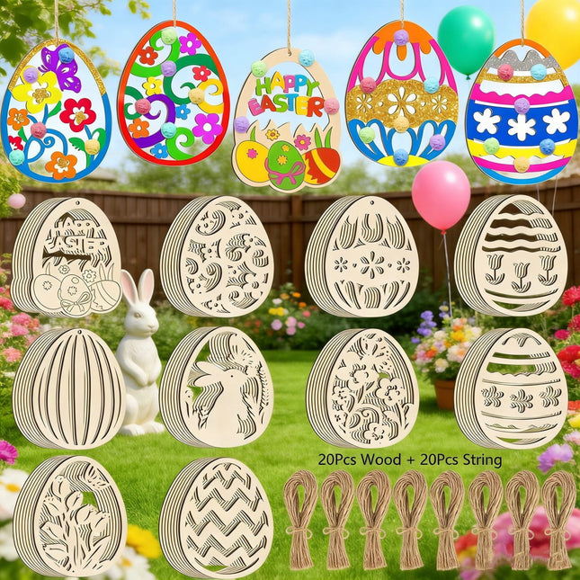 Darzheoy 20 Sets Wooden Easter Ornaments Decorations DIY Easter Craft Kits Assorted Paintable Unfinished Wood Easter Egg Ornaments for Kids Classroom Home Activity Art D.