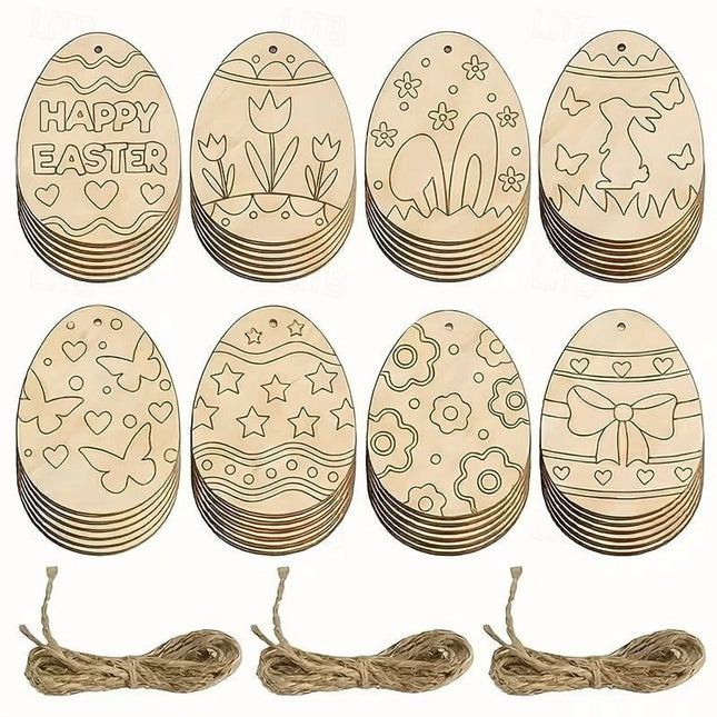 Darzheoy 20 Sets Wooden Easter Ornaments Decorations DIY Easter Craft Kits Assorted Paintable Unfinished Wood Easter Egg Ornaments for Kids Classroom Home Activity Art E.