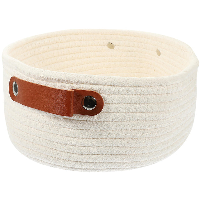 HOOWIFFY White Woven Storage Basket with Handle for Everyday Home Organization and Storage Solutions.
