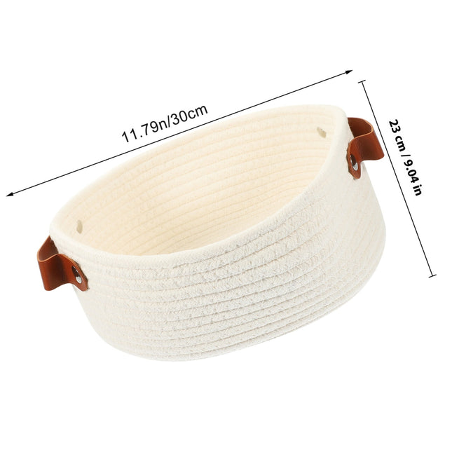 HOOWIFFY White Woven Storage Basket with Handle for Everyday Home Organization and Storage Solutions.