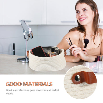 HOOWIFFY White Woven Storage Basket with Handle for Everyday Home Organization and Storage Solutions.