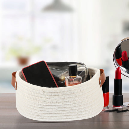 HOOWIFFY White Woven Storage Basket with Handle for Everyday Home Organization and Storage Solutions.