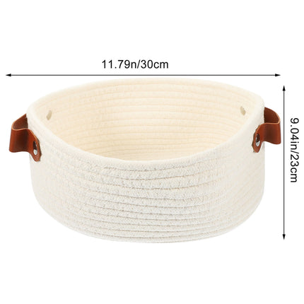 HOOWIFFY White Woven Storage Basket with Handle for Everyday Home Organization and Storage Solutions.