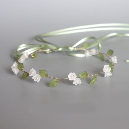 HOOWIFFY Lily of The Valley Floral Headband Golden Ribbon Design for Brides and Teens.