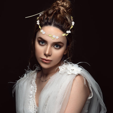 HOOWIFFY Lily of The Valley Floral Headband Golden Ribbon Design for Brides and Teens.