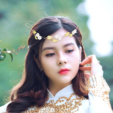 HOOWIFFY Lily of The Valley Floral Headband Golden Ribbon Design for Brides and Teens.