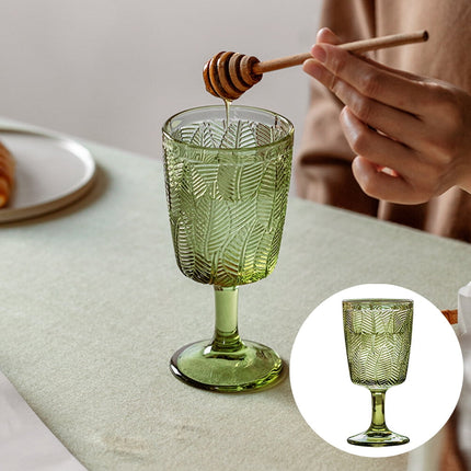 300ml Embossed Glass Wine Goblet with Retro Leaves Pattern, Elegant Water and Drinks Cup for Home and Party Use.