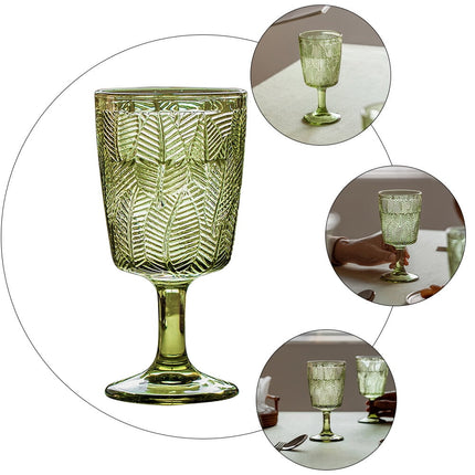 300ml Embossed Glass Wine Goblet with Retro Leaves Pattern, Elegant Water and Drinks Cup for Home and Party Use.