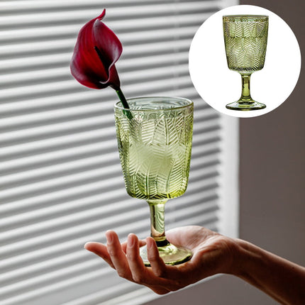 300ml Embossed Glass Wine Goblet with Retro Leaves Pattern, Elegant Water and Drinks Cup for Home and Party Use.