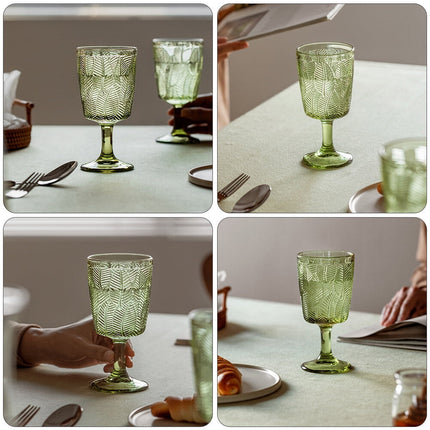 300ml Embossed Glass Wine Goblet with Retro Leaves Pattern, Elegant Water and Drinks Cup for Home and Party Use.