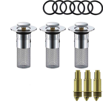 Chmadoxn Universal Bathroom Sink Stopper, Basin Sink Drain Strainer, Bathroom Sink Plug with Stainless Steel Hair Catcher on 3 pc Silver.