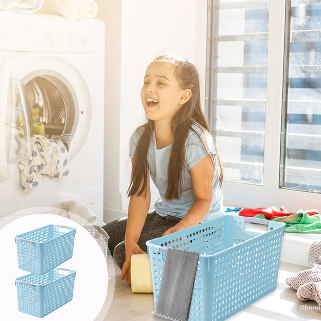 Darzheoy Laundry Basket, 2 pcs Plastic Hamper with Handles, Open Storage Bin to Organize Closets, Cabinets, Pantry, Shelving and Countertop Space, Suitable for Families and Dorms 3PC-Blue.
