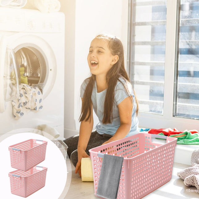 Darzheoy Laundry Basket, 2 pcs Plastic Hamper with Handles, Open Storage Bin to Organize Closets, Cabinets, Pantry, Shelving and Countertop Space, Suitable for Families and Dorms 3PC-Pink.