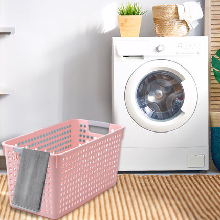 Darzheoy Laundry Basket, 2 pcs Plastic Hamper with Handles, Open Storage Bin to Organize Closets, Cabinets, Pantry, Shelving and Countertop Space, Suitable for Families and Dorms 3PC-Pink.