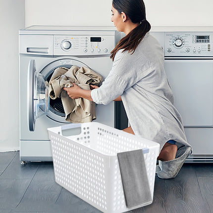 Darzheoy Laundry Basket, 2 pcs Plastic Hamper with Handles, Open Storage Bin to Organize Closets, Cabinets, Pantry, Shelving and Countertop Space, Suitable for Families and Dorms 3PC-White.