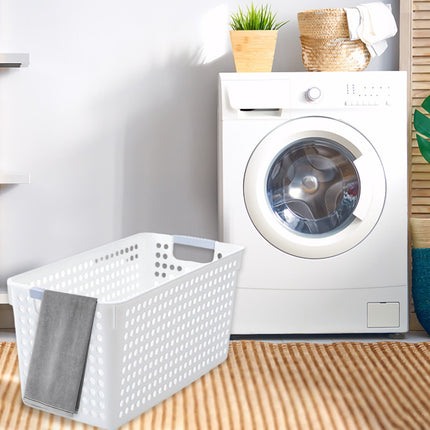 Darzheoy Laundry Basket, 2 pcs Plastic Hamper with Handles, Open Storage Bin to Organize Closets, Cabinets, Pantry, Shelving and Countertop Space, Suitable for Families and Dorms 3PC-White.